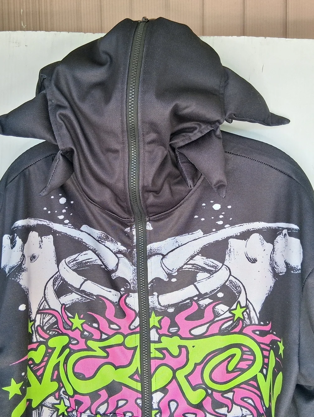 Romwe Black Spike Hooded Full Zip-Up Jacket Skeleton Graphic Print Men's Size S - Picture 8 of 10